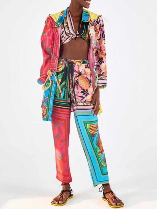 FARM Rio Pants - Farm Rio Resort Pants Mixed Scarf Print tropical Tassel Tie High Rise Size S